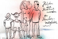 Illustration: Eine Familie mit zwei Kindern und Pippi Langstrumpf