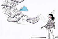 Illustration: Eine junge Frau fängt fliegende Bücher