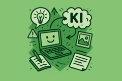 Einfache, grüne Zeichnung eines Laptops, einer Gedankenblase mit "KI" und einige weitere Symbole